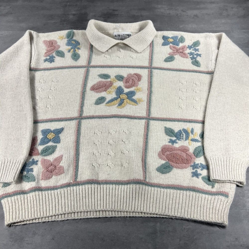 Alfred Dunner Polo Sweater Women XL Cream‎ Chunky Knit Floral Flower Fisherman
